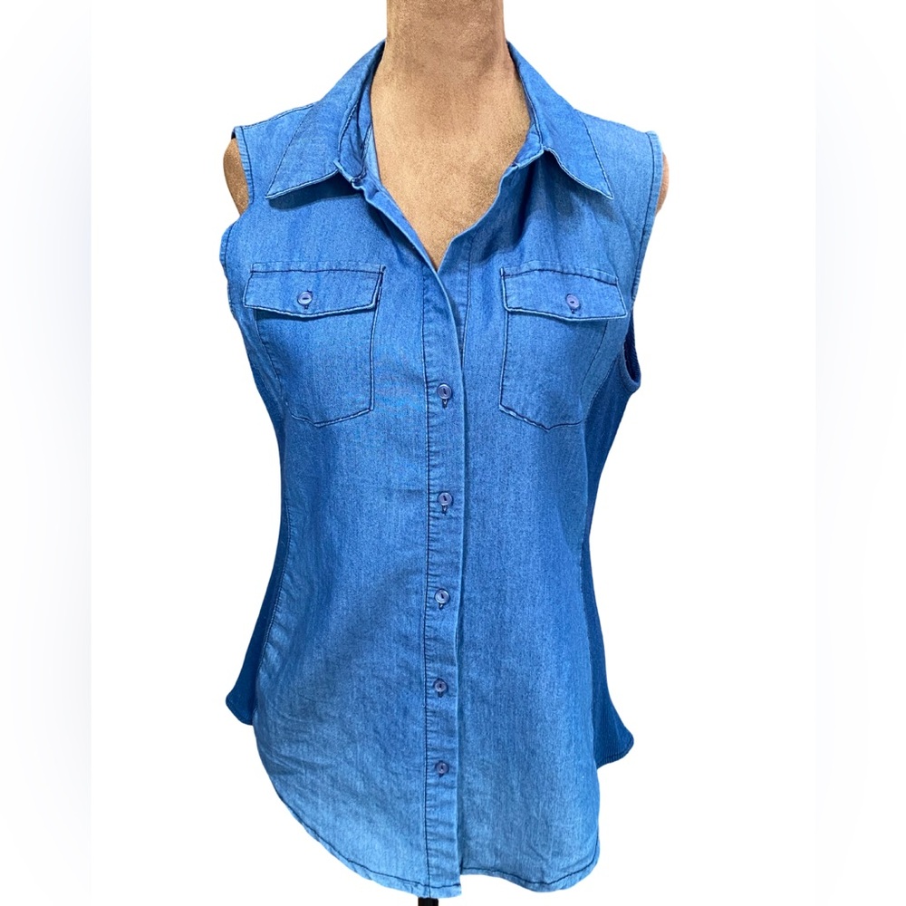 Cavalini Blue Sleeveless Button-Down Dark Denim Shirt‎